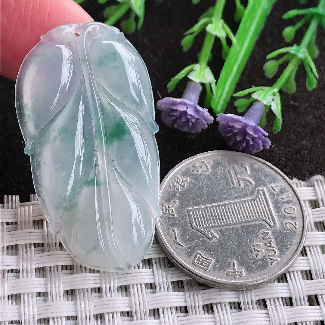 天然A货翡翠39.2/21.5/4.6老坑冰透冰飘花叶子吊坠翡翠挂件