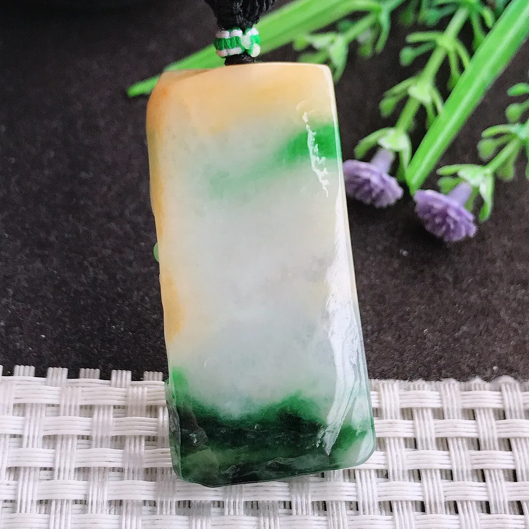 天然A货翡翠49.5/24.5/7.2老坑精美温润三彩山水牌吊坠翡翠挂件