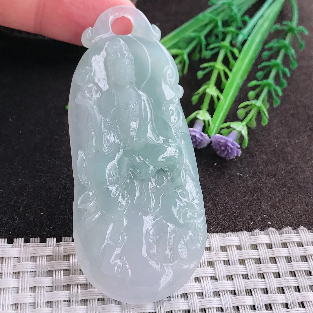 天然A货翡翠73.5/33.3/6.3老坑冰胶水灵普贤菩萨吊坠翡翠挂件