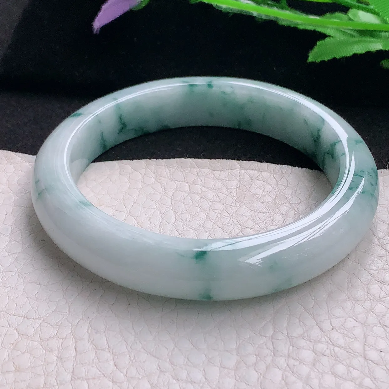 hy自然光57.5*12.3*9平安镯 缅甸翡翠A货玉手镯飘花厚装宽边玉手环