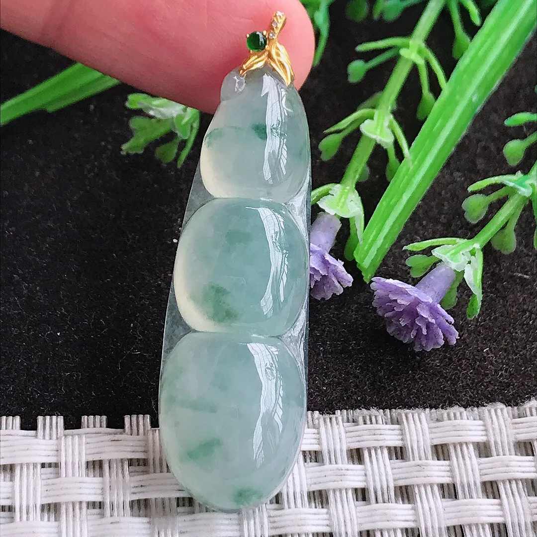 天然A货翡翠43/14/7.1老坑18k金镶嵌冰种果冻胶飘花四季豆吊坠翡翠挂件