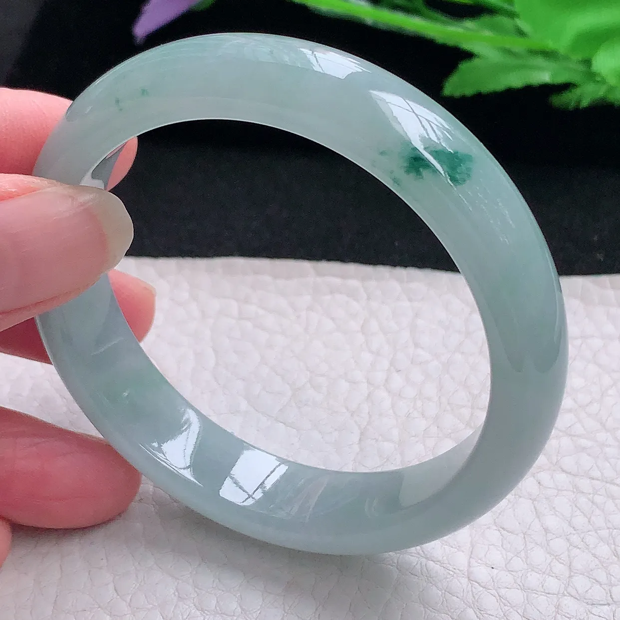 xx自然光54.5*12.8*7平安镯 缅甸翡翠A货玉手镯冰飘花宽边玉手环