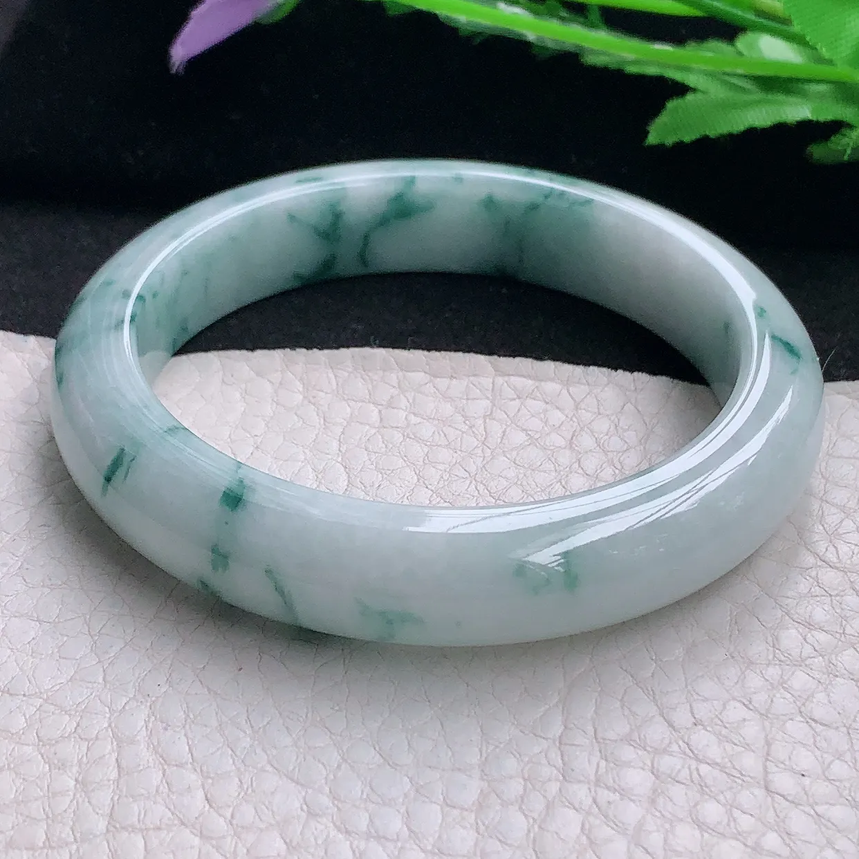 hy自然光57.5*12.3*9平安镯 缅甸翡翠A货玉手镯飘花厚装宽边玉手环