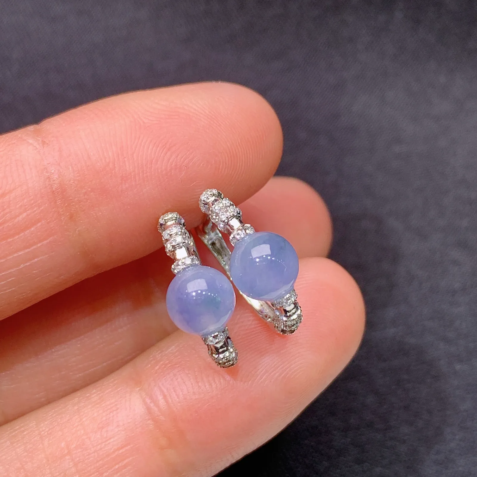 冰紫罗兰圆珠耳扣，18k金镶嵌，简约时尚，冰润鲜艳，种水足，M002 直径5.5