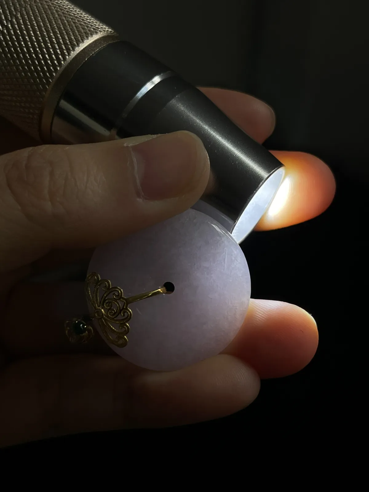 翡翠糯化种淡紫色平安扣，印记：G18K,伴钻石