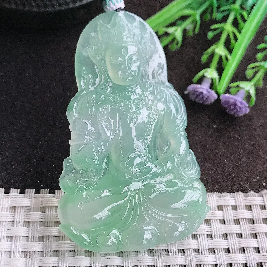 天然A货翡翠64/41.2/5.8老坑冰种果冻胶冰晴甜绿渡母菩萨精美吊坠翡翠挂件