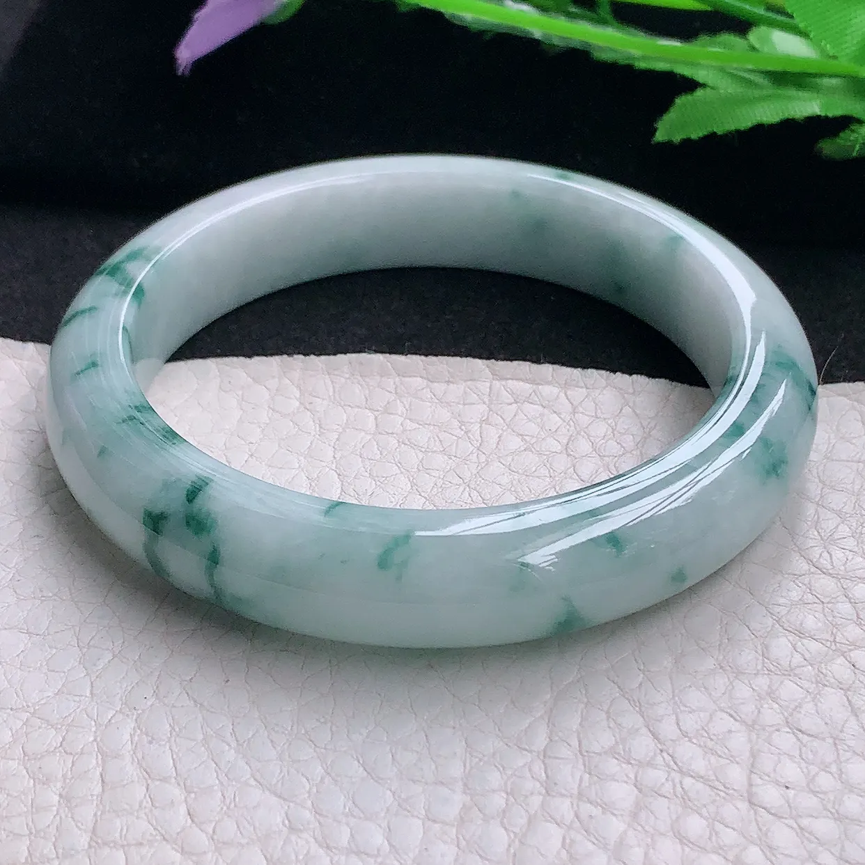 hy自然光57.5*12.3*9平安镯 缅甸翡翠A货玉手镯飘花厚装宽边玉手环