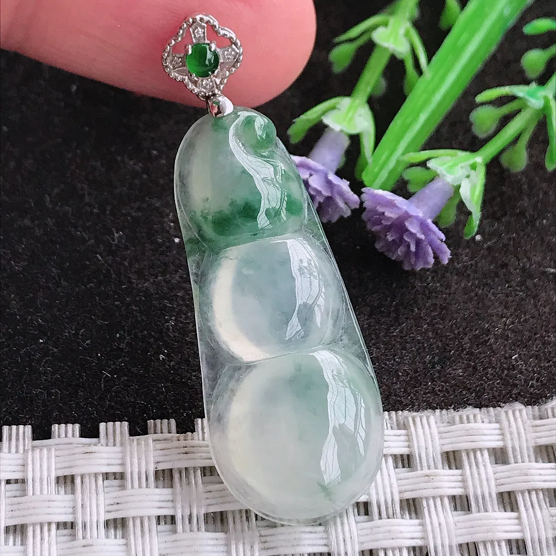 天然A货翡翠35.6/15/4.9老坑18k金镶嵌冰种飘花四季豆吊坠翡翠福豆挂件