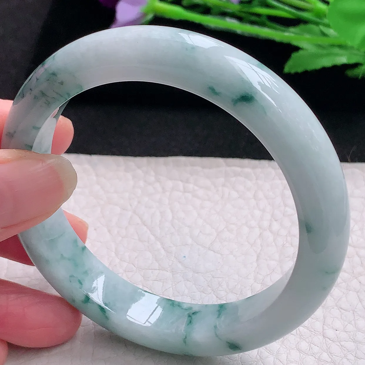 hy自然光57.5*12.3*9平安镯 缅甸翡翠A货玉手镯飘花厚装宽边玉手环