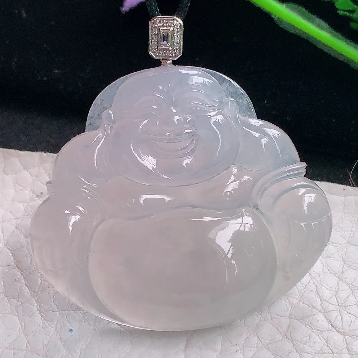 Mz实拍41.5*47.3*6.5缅甸翡翠冰种大佛公吊坠 白月光弥勒佛玉坠镶18k金扣头