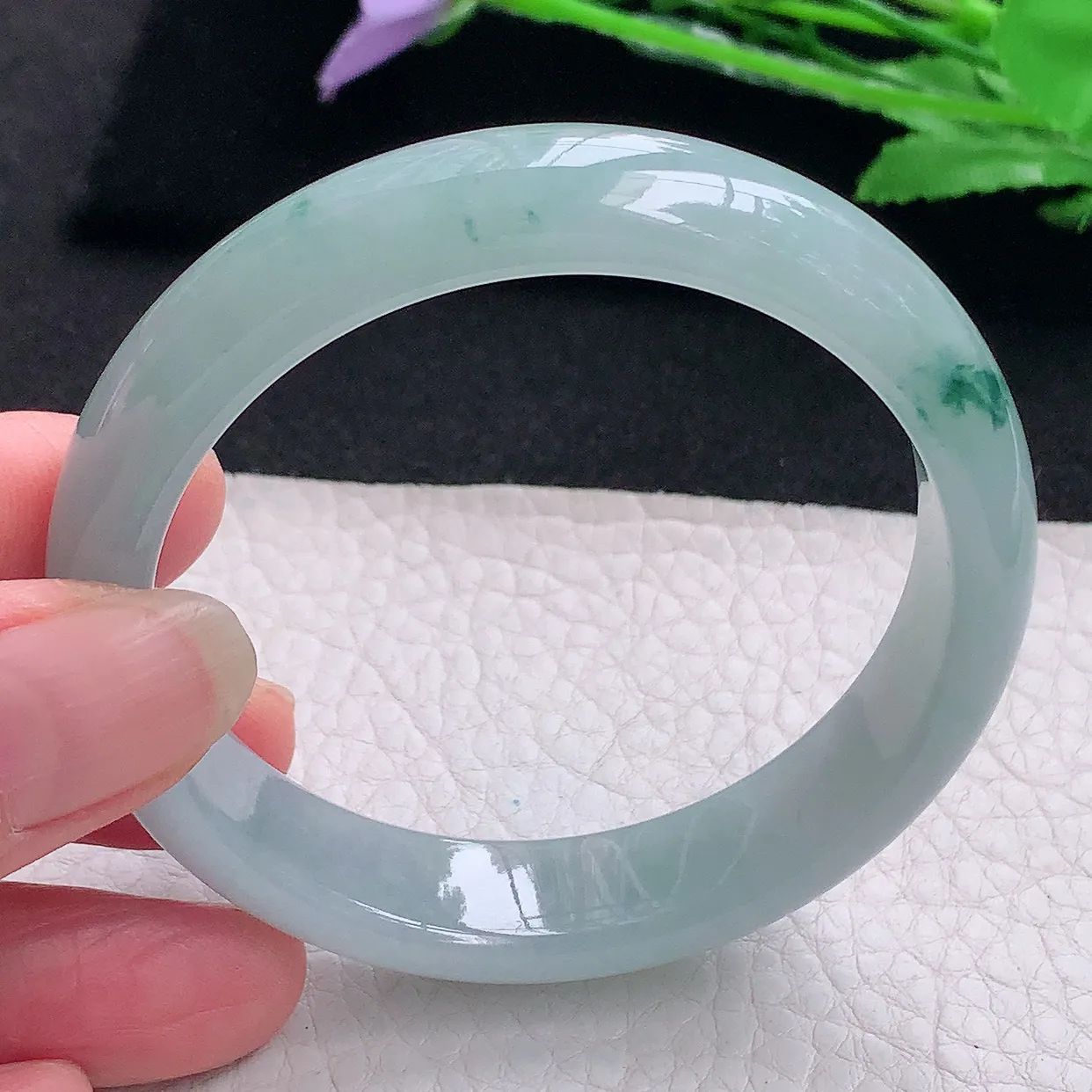 xx自然光54.5*12.8*7平安镯 缅甸翡翠A货玉手镯冰飘花宽边玉手环