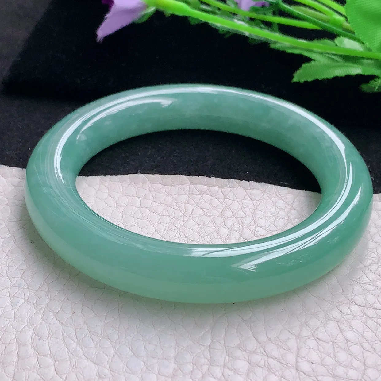 nr收藏款57*11.8胖圆镯 缅甸翡翠A货玉手镯冰胶蓝绿韵圆条玉手环 美人镯