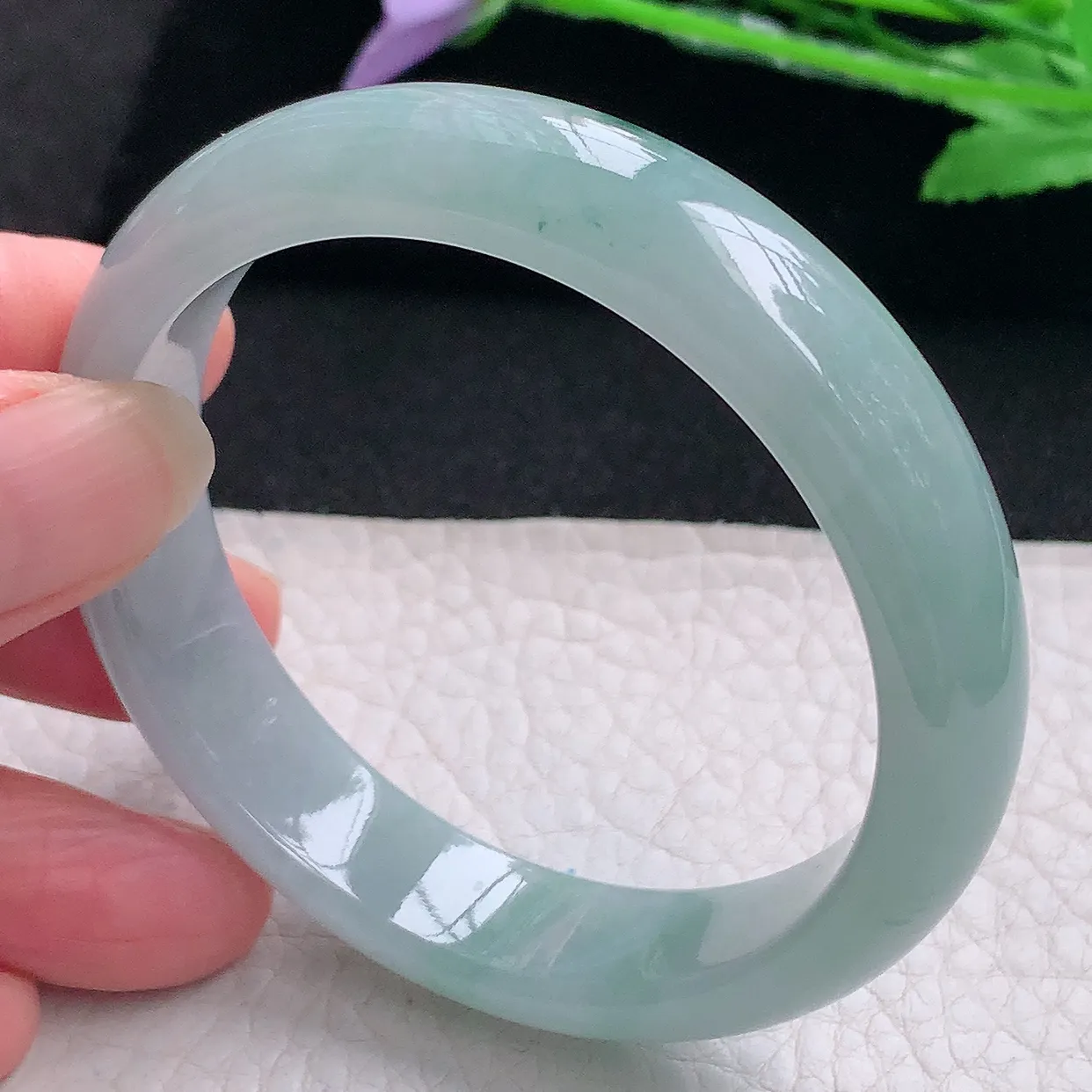 xx自然光54.5*12.8*7平安镯 缅甸翡翠A货玉手镯冰飘花宽边玉手环