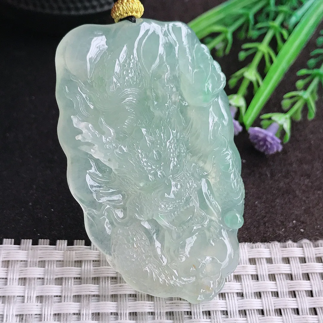 天然A货翡翠65.5/39.6/10.2老坑冰胶果冻冰晴霸气龙牌吊坠翡翠挂件