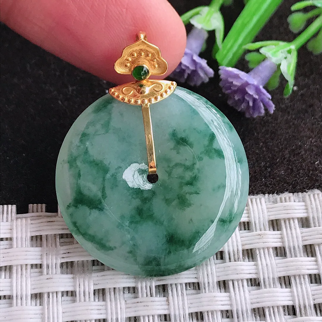 天然A货翡翠26/4.8老坑18k金镶嵌冰润飘花平安扣吊坠翡翠挂件