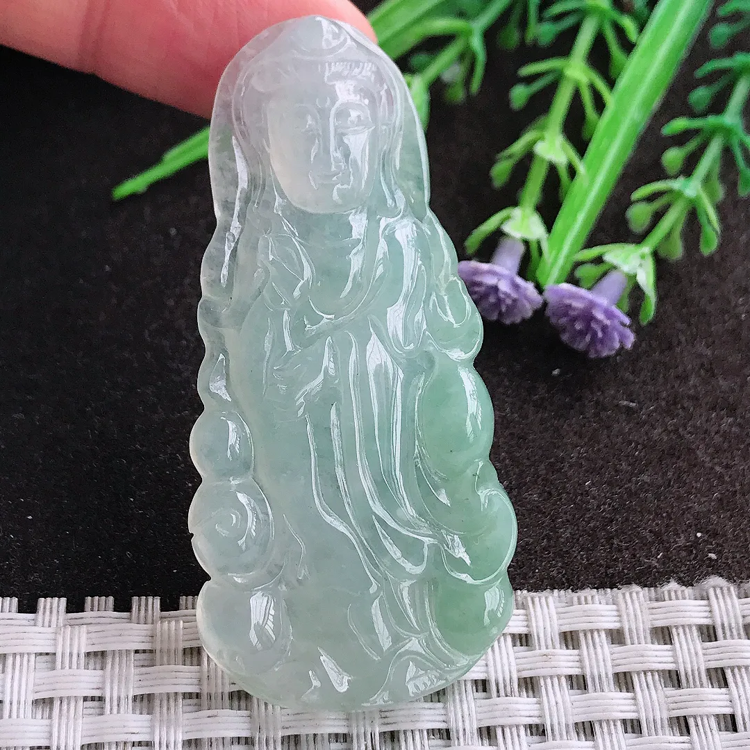 天然A货翡翠59/28.2/5.5老坑冰胶果冻冰晴站观音吊坠翡翠挂件