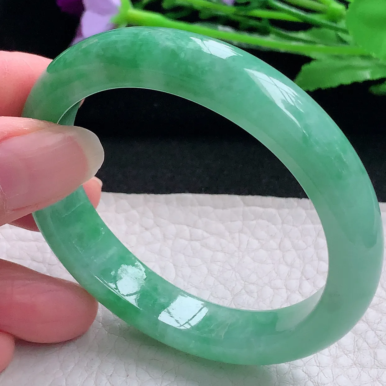 pj自然光53.8*11.8*7.7平安镯 缅甸翡翠A货玉手镯水灵满绿宽边玉手环
