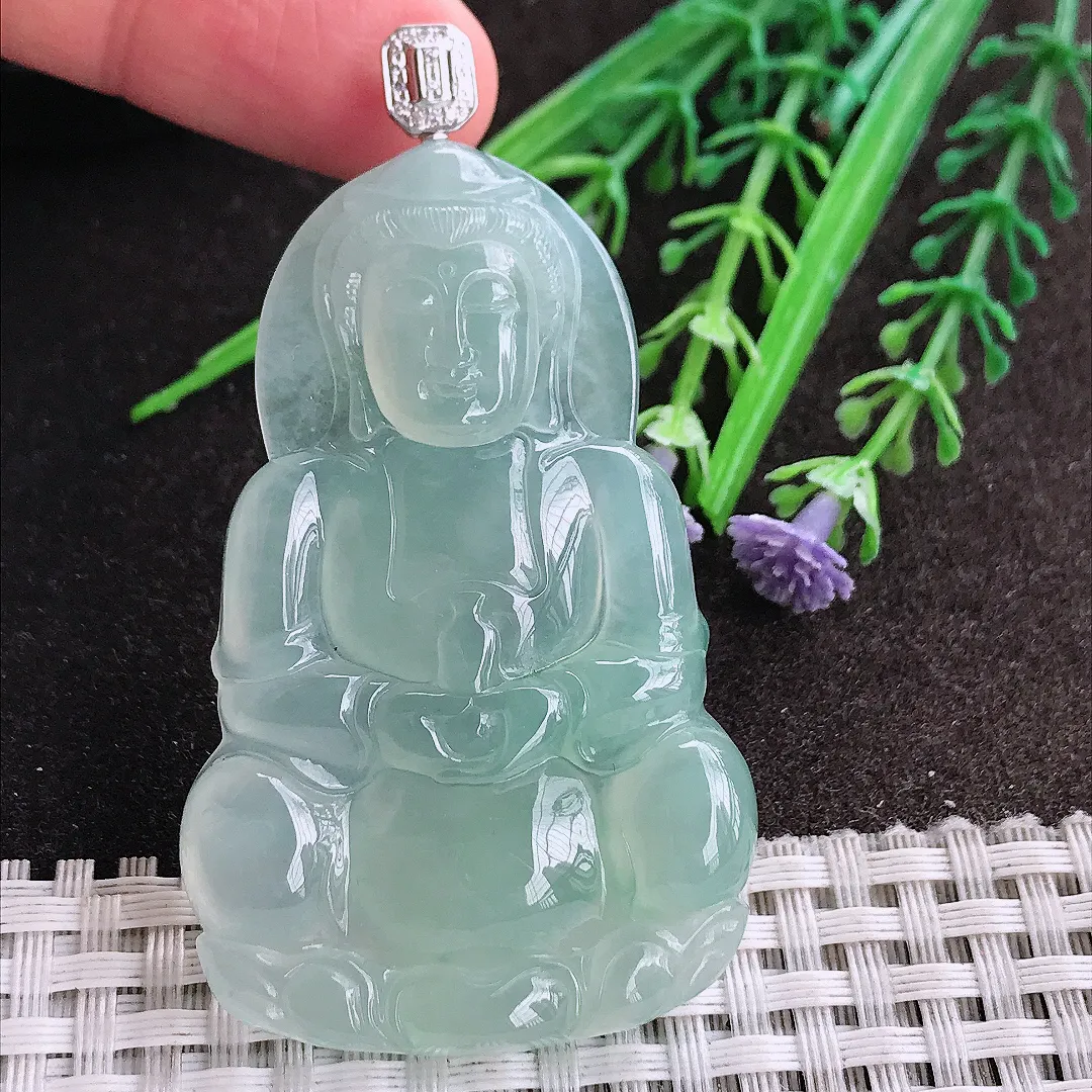 天然A货翡翠57.8/36.6/6老坑18k金镶嵌冰种果冻胶冰晴绿正装观音吊坠翡翠挂件