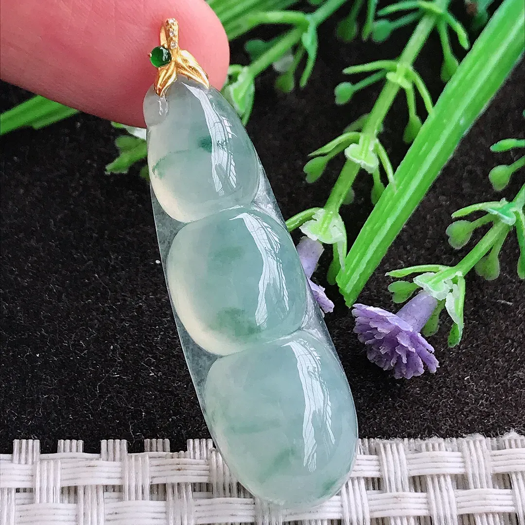 天然A货翡翠43/14/7.1老坑18k金镶嵌冰种果冻胶飘花四季豆吊坠翡翠挂件