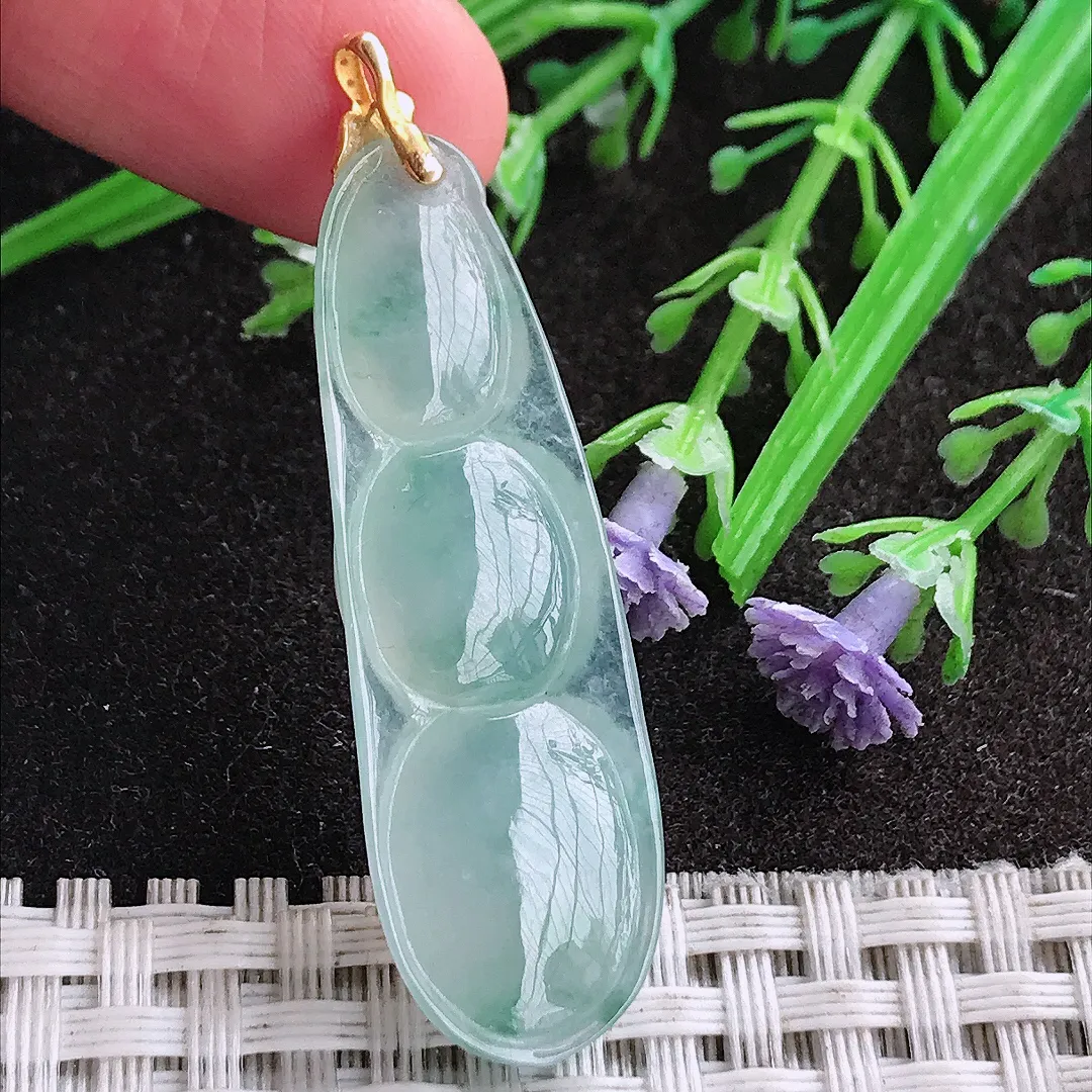 天然A货翡翠43/14/7.1老坑18k金镶嵌冰种果冻胶飘花四季豆吊坠翡翠挂件