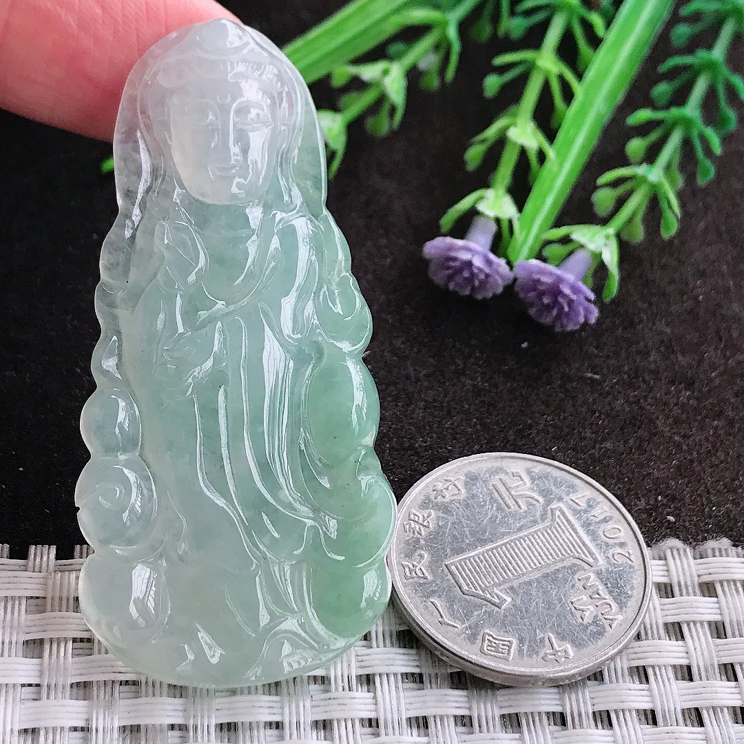 天然A货翡翠59/28.2/5.5老坑冰胶果冻冰晴站观音吊坠翡翠挂件