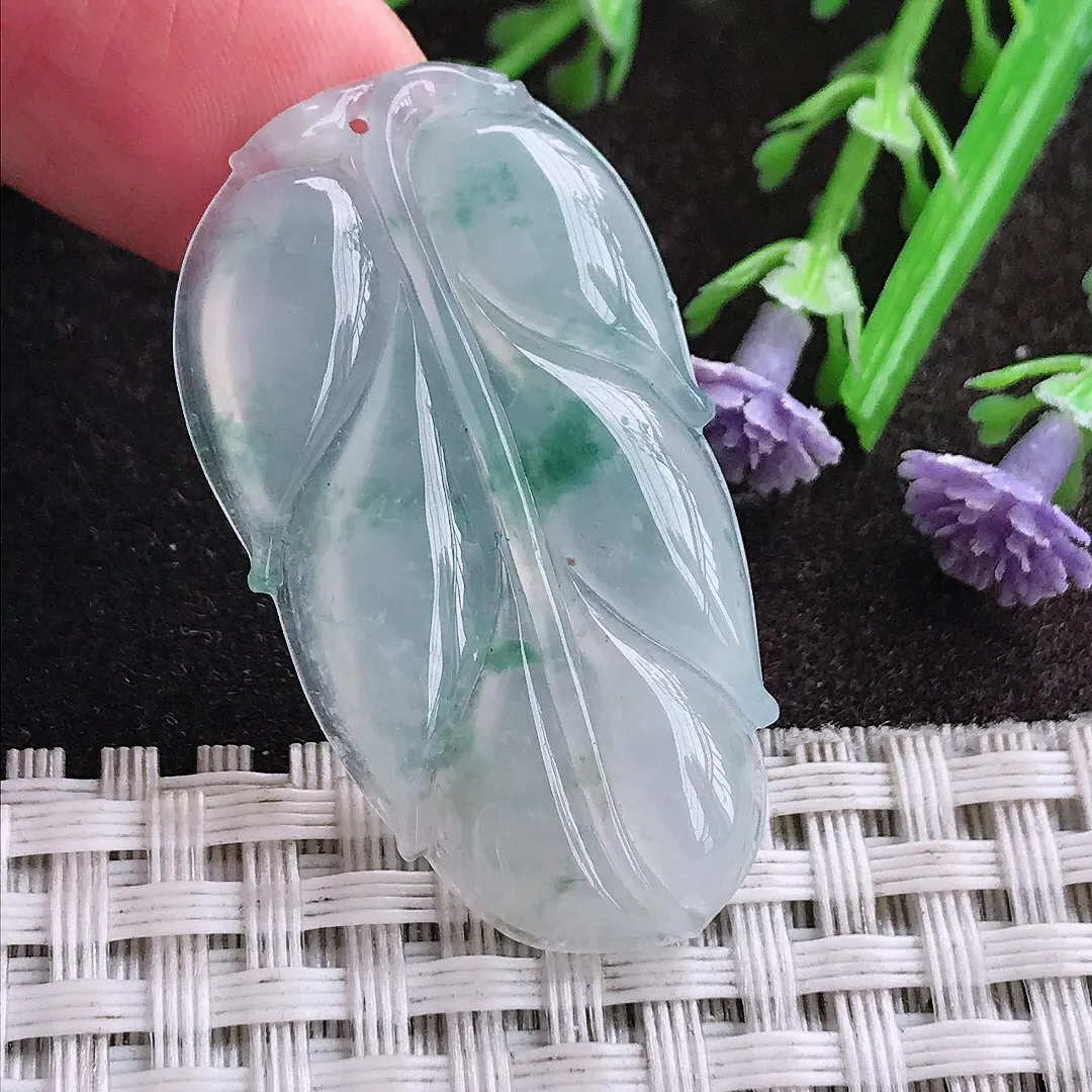 天然A货翡翠39.2/21.5/4.6老坑冰透冰飘花叶子吊坠翡翠挂件