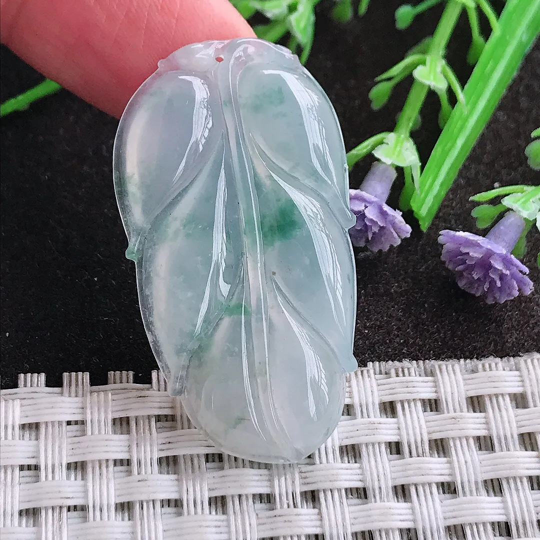 天然A货翡翠39.2/21.5/4.6老坑冰透冰飘花叶子吊坠翡翠挂件