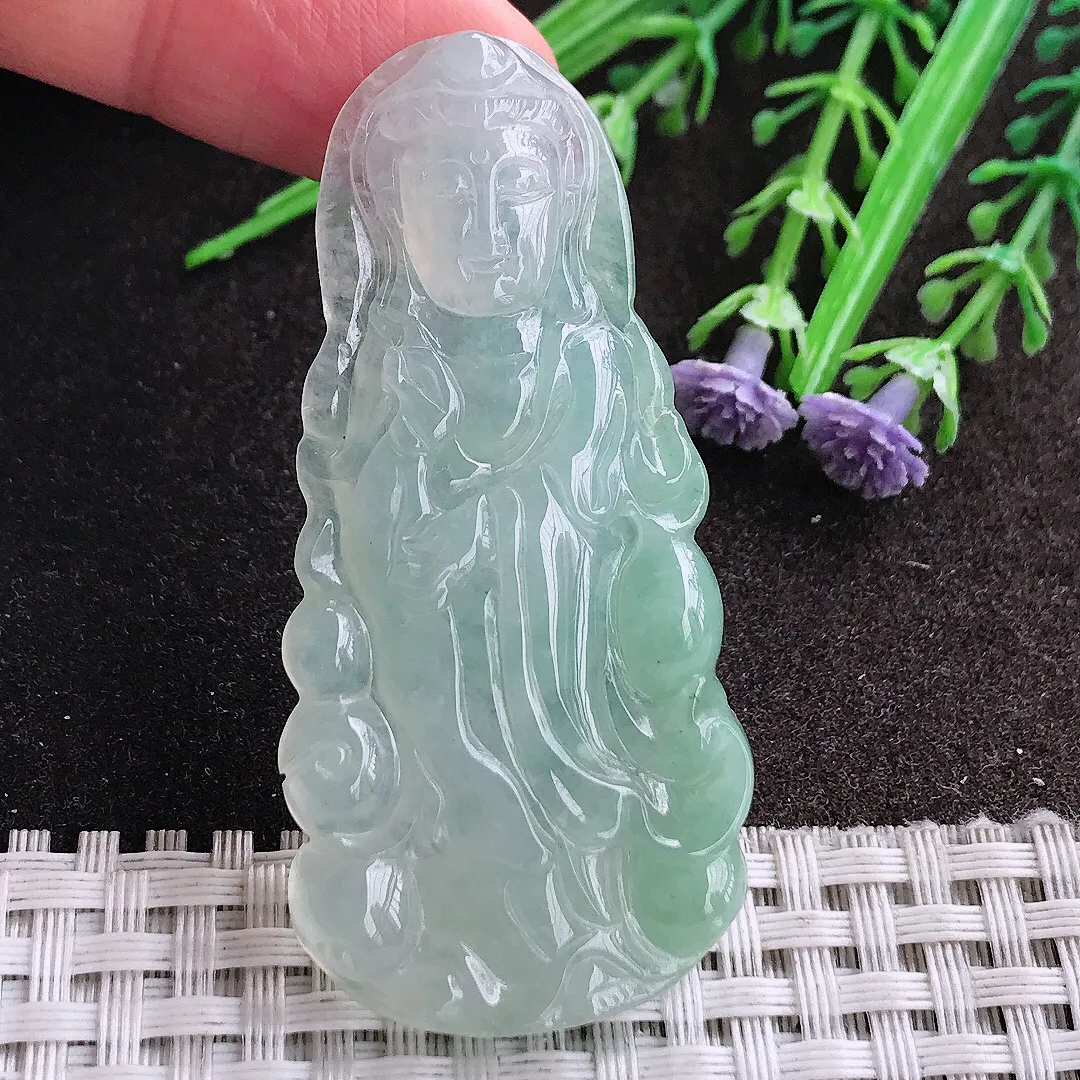 天然A货翡翠59/28.2/5.5老坑冰胶果冻冰晴站观音吊坠翡翠挂件