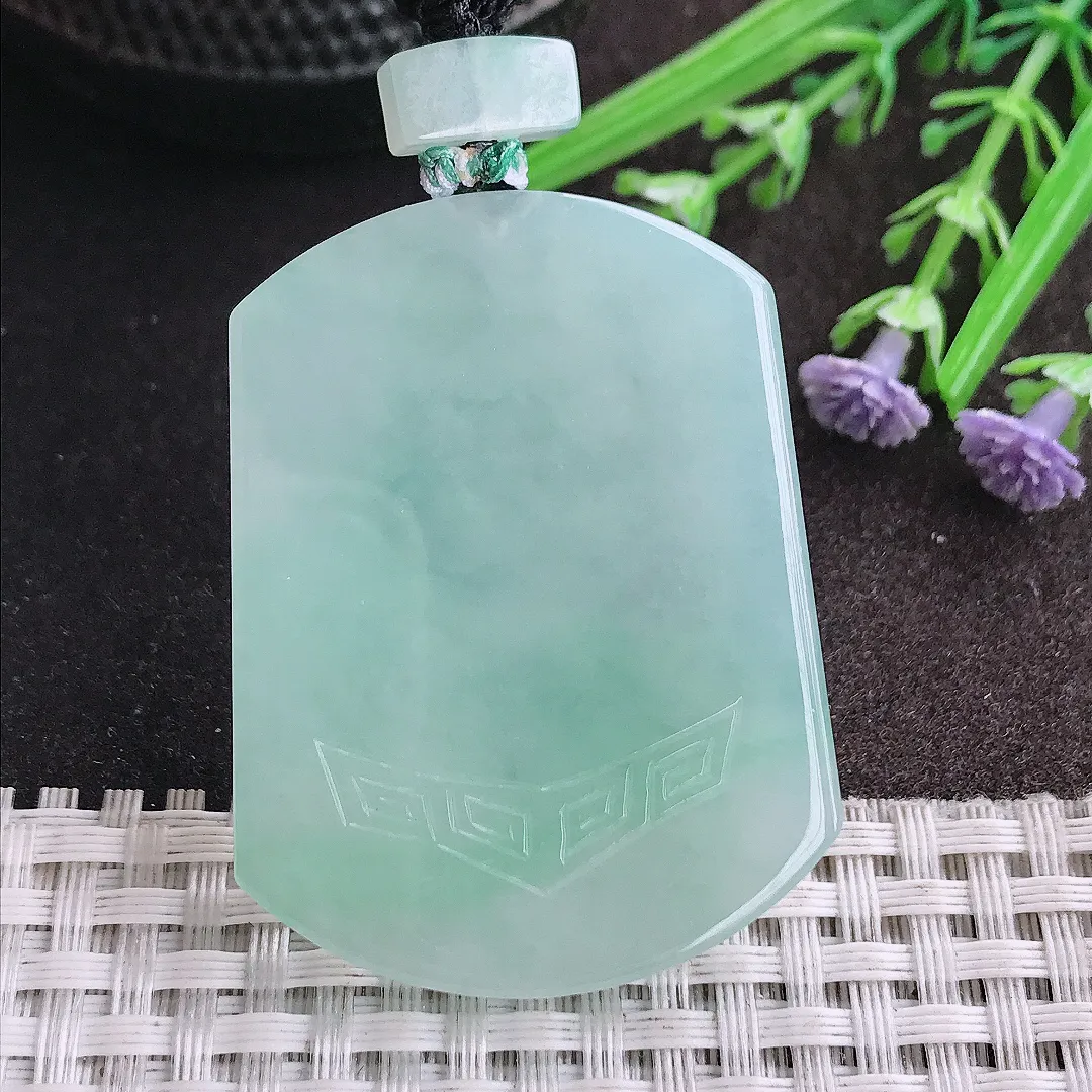 天然A货翡翠48.3/36.7/5.4老坑冰润水灵冰晴仿古无事牌吊坠翡翠挂件