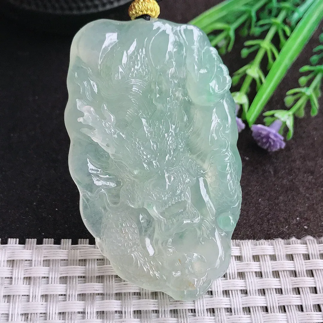 天然A货翡翠65.5/39.6/10.2老坑冰胶果冻冰晴霸气龙牌吊坠翡翠挂件