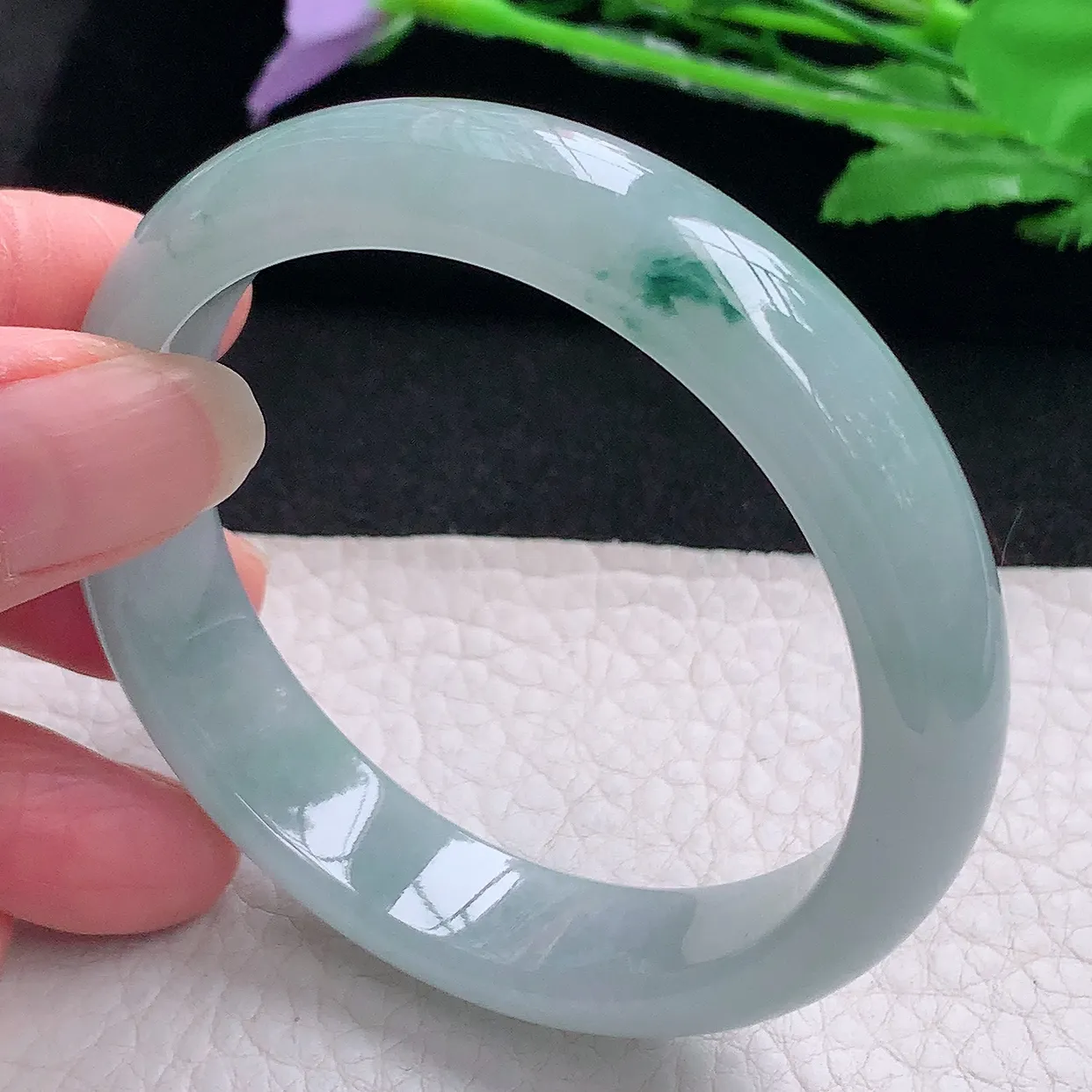 xx自然光54.5*12.8*7平安镯 缅甸翡翠A货玉手镯冰飘花宽边玉手环