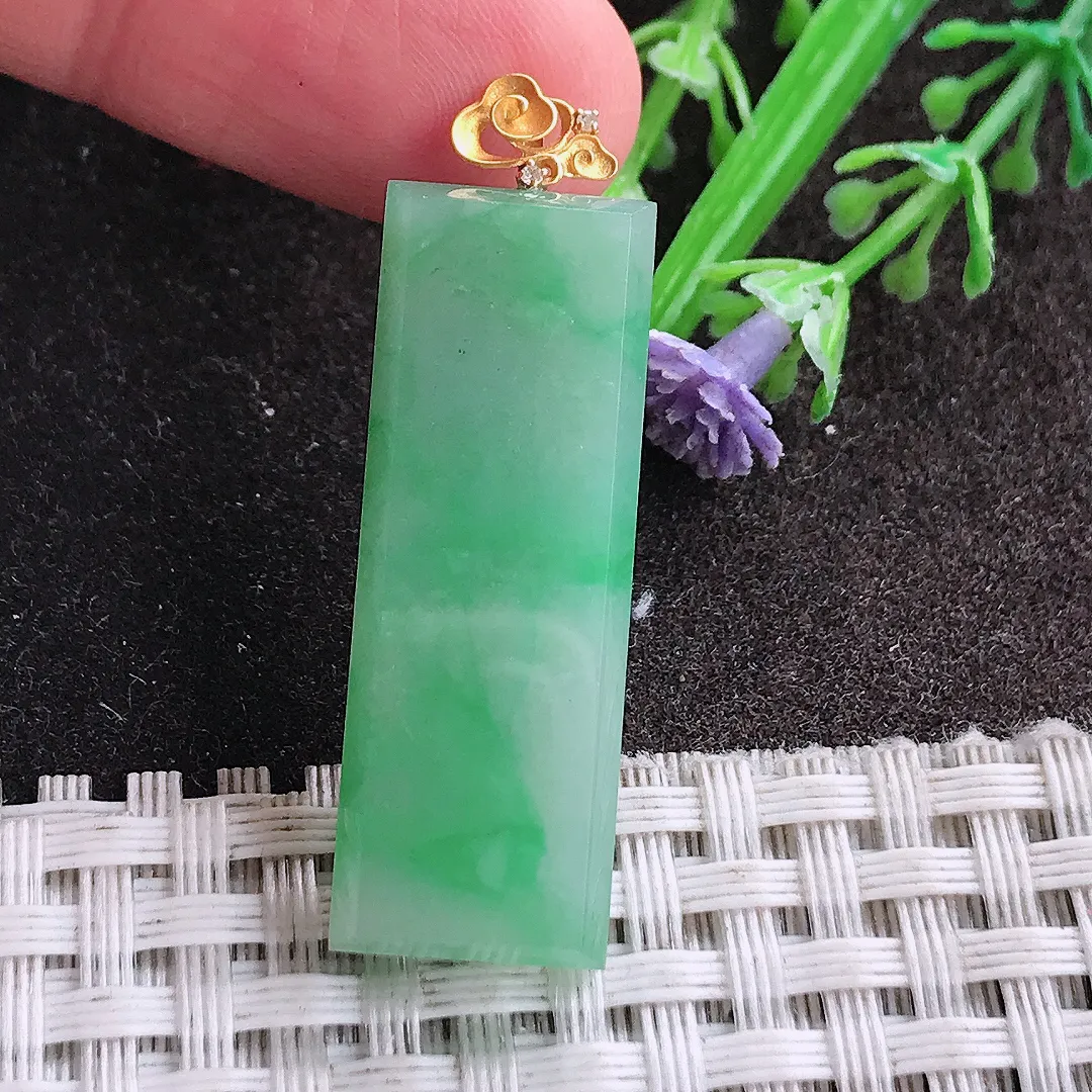 天然A货翡翠34.5/12.4/5老坑18k金镶嵌冰润满绿无事牌吊坠翡翠挂件