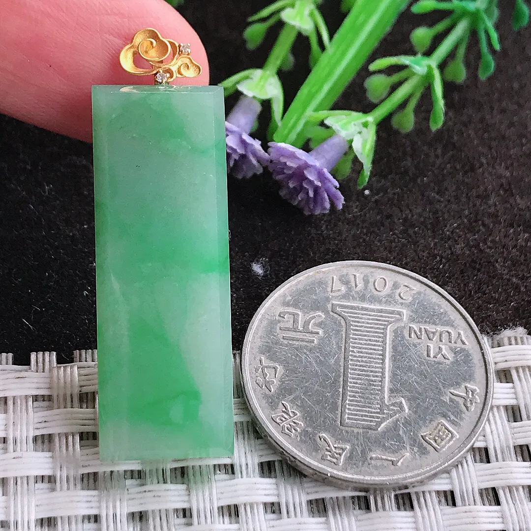 天然A货翡翠34.5/12.4/5老坑18k金镶嵌冰润满绿无事牌吊坠翡翠挂件