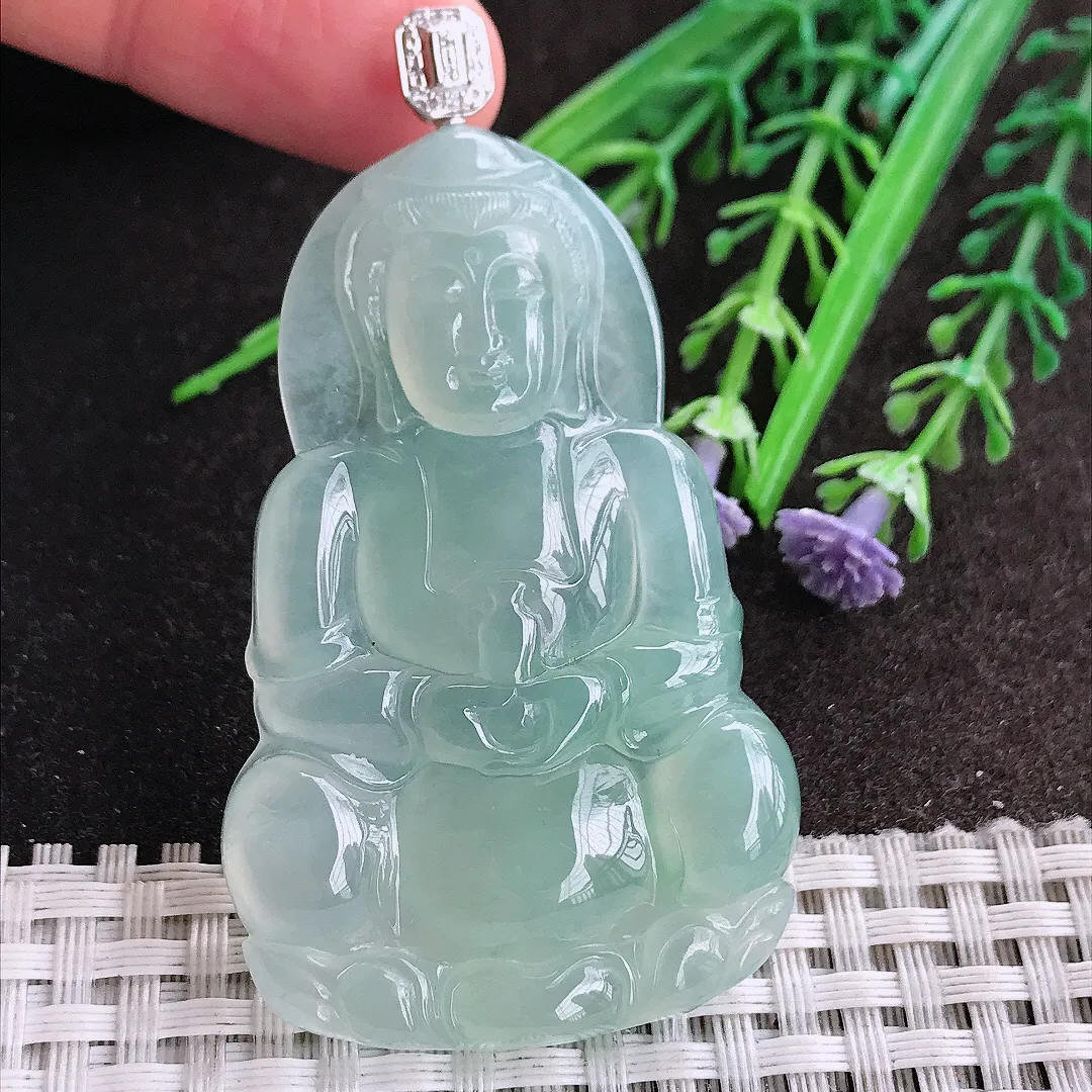 天然A货翡翠57.8/36.6/6老坑18k金镶嵌冰种果冻胶冰晴绿正装观音吊坠翡翠挂件