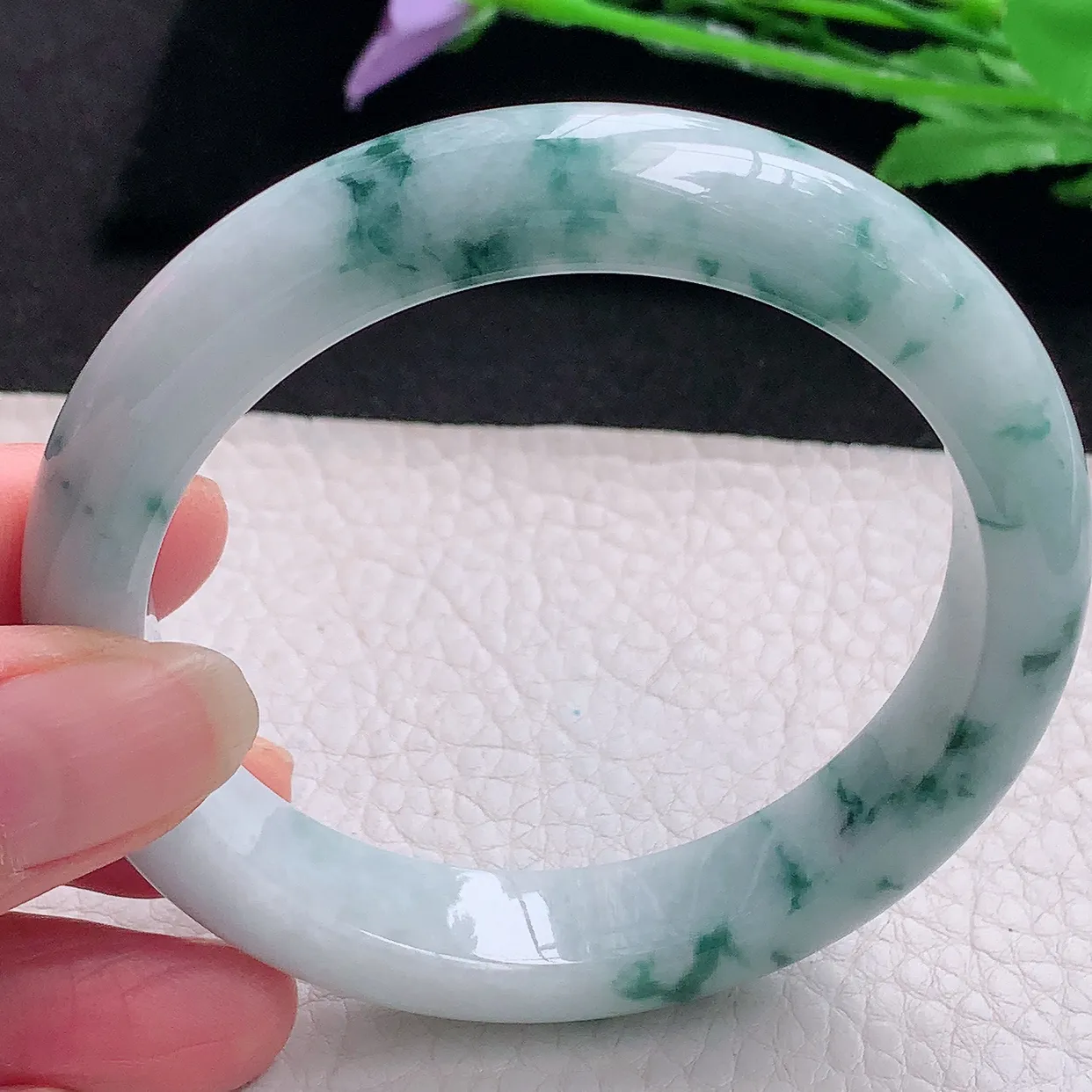 hy自然光57.5*12.3*9平安镯 缅甸翡翠A货玉手镯飘花厚装宽边玉手环