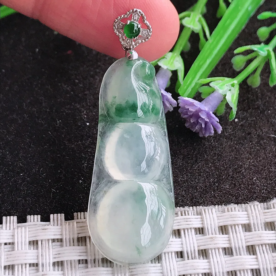 天然A货翡翠35.6/15/4.9老坑18k金镶嵌冰种飘花四季豆吊坠翡翠福豆挂件