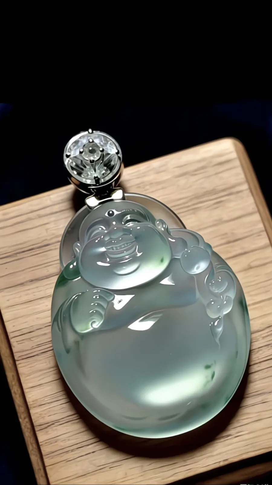 【如意逍遥佛】，欢喜弥勒佛。
裸石39.2-29.6-8.5mm，
18K金，南非钻，17.35g，