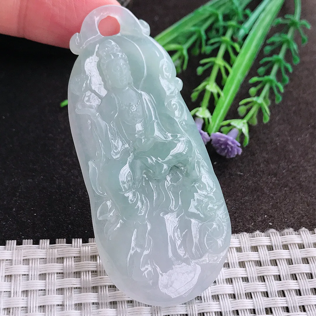 天然A货翡翠73.5/33.3/6.3老坑冰胶水灵普贤菩萨吊坠翡翠挂件