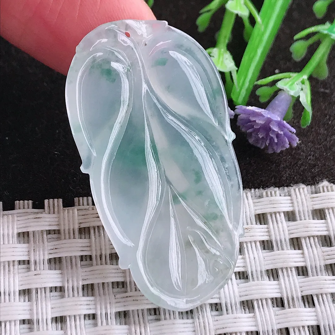 天然A货翡翠39.2/21.5/4.6老坑冰透冰飘花叶子吊坠翡翠挂件