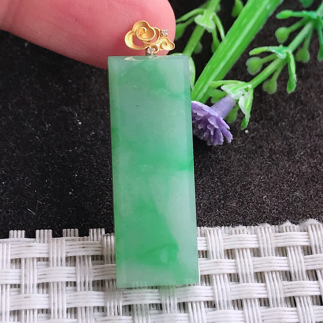 天然A货翡翠34.5/12.4/5老坑18k金镶嵌冰润满绿无事牌吊坠翡翠挂件