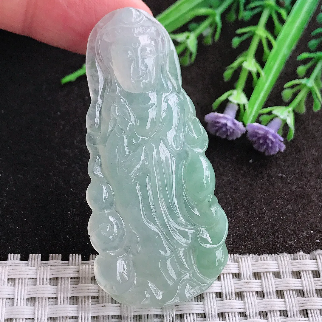 天然A货翡翠59/28.2/5.5老坑冰胶果冻冰晴站观音吊坠翡翠挂件