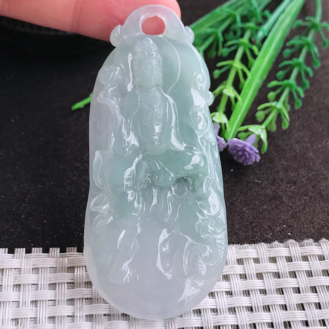 天然A货翡翠73.5/33.3/6.3老坑冰胶水灵普贤菩萨吊坠翡翠挂件