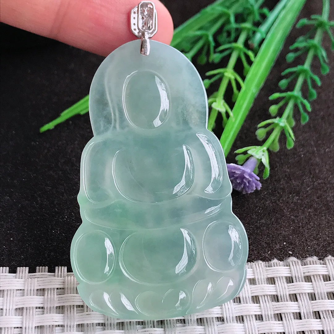 天然A货翡翠57.8/36.6/6老坑18k金镶嵌冰种果冻胶冰晴绿正装观音吊坠翡翠挂件
