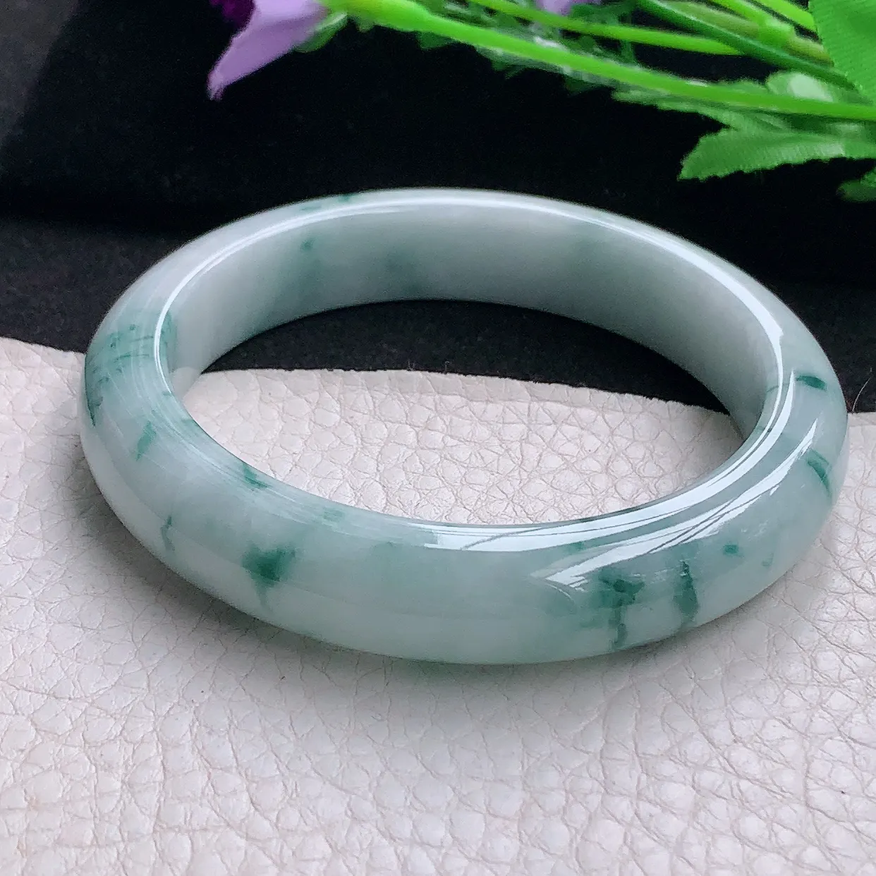 hy自然光57.5*12.3*9平安镯 缅甸翡翠A货玉手镯飘花厚装宽边玉手环