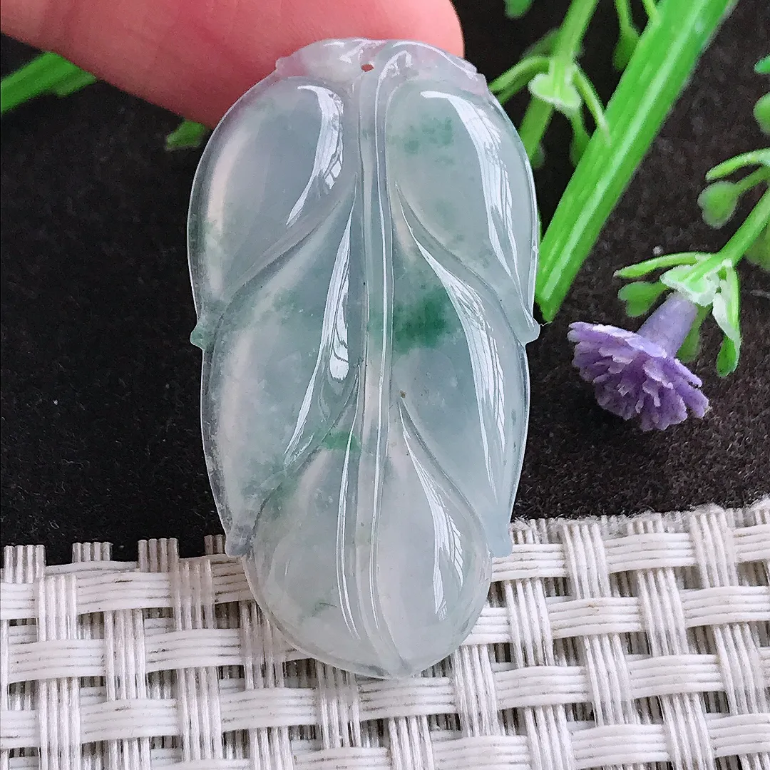 天然A货翡翠39.2/21.5/4.6老坑冰透冰飘花叶子吊坠翡翠挂件
