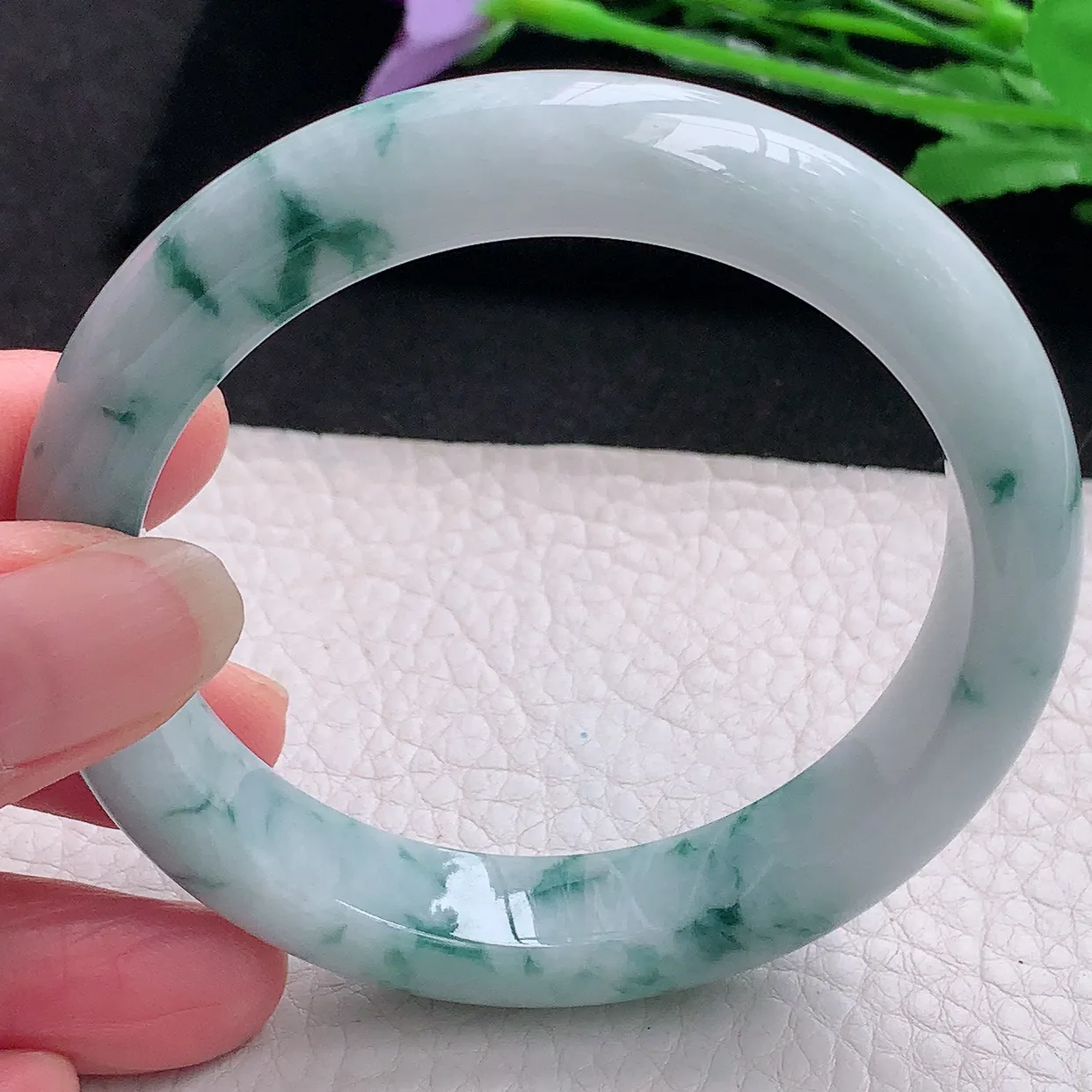 hy自然光57.5*12.3*9平安镯 缅甸翡翠A货玉手镯飘花厚装宽边玉手环