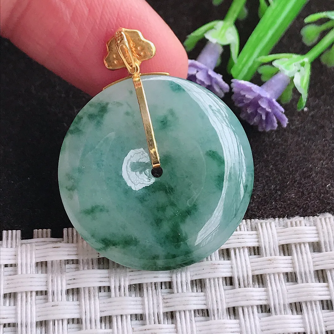 天然A货翡翠26/4.8老坑18k金镶嵌冰润飘花平安扣吊坠翡翠挂件