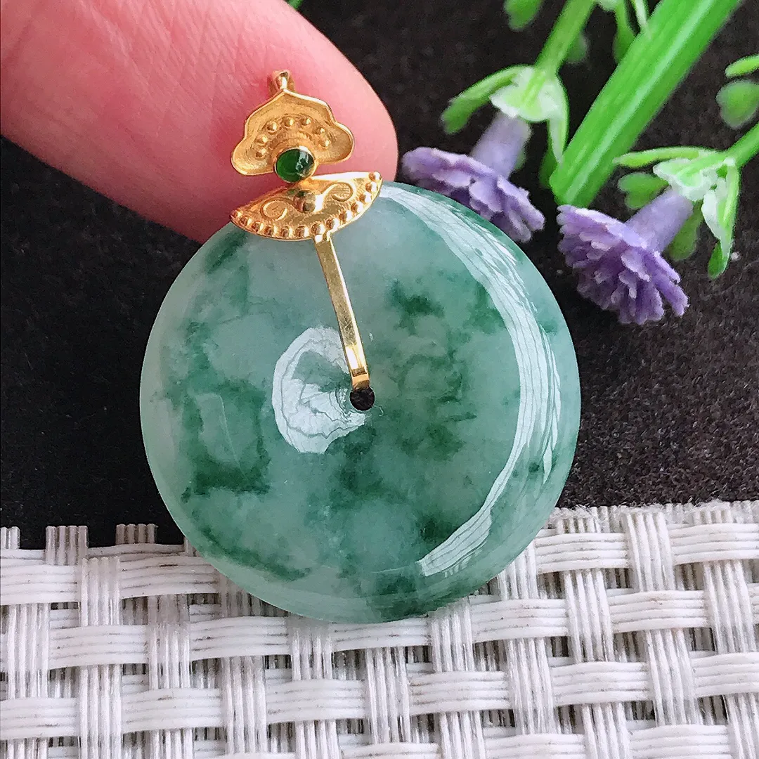 天然A货翡翠26/4.8老坑18k金镶嵌冰润飘花平安扣吊坠翡翠挂件