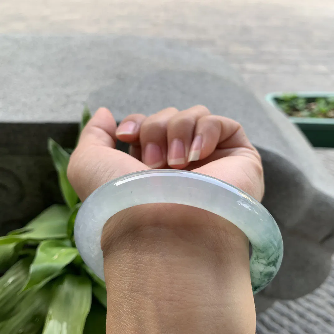 圈口 57.4-11【冰种飘花圆条手镯】圆条57 58可戴