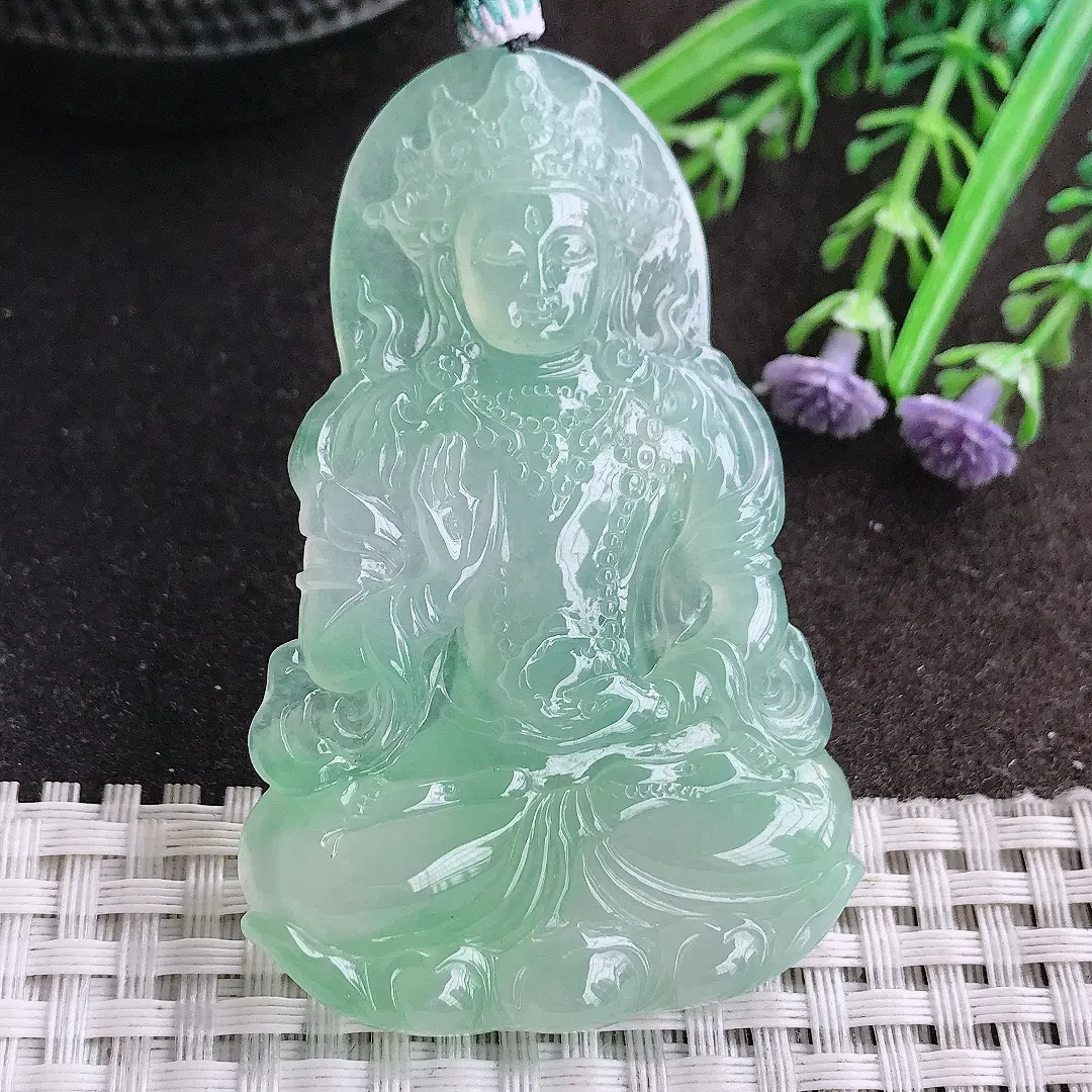 天然A货翡翠64/41.2/5.8老坑冰种果冻胶冰晴甜绿渡母菩萨精美吊坠翡翠挂件